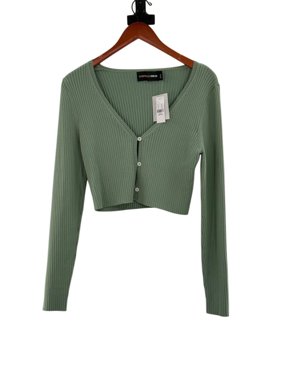 Gabrielle Union NWT Medium Sage Green Ribbed Cropped Cardigan V Neck Button Top